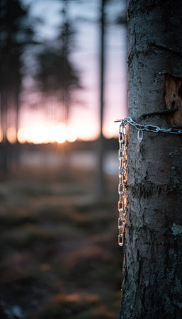 Sunset in the forest with a chain on the trunk of a treeの素材