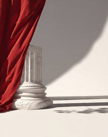 White marble column and red velvet curtain on a white background. 3d renderingの素材