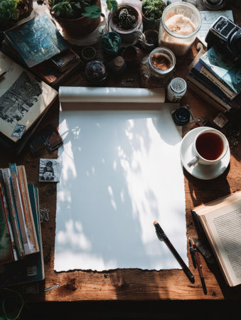 Blank white paper on wooden table with coffee cup and books.の素材