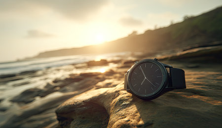 Wristwatch on the beach at sunset time. Time concept.の素材