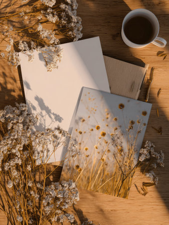 Top view of notebook, pen, cup of coffee and dried flowers on wooden tableの素材