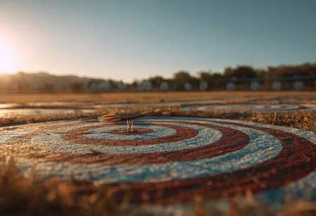 Dartboard with arrow on the field at sunset. Selective focus.の素材