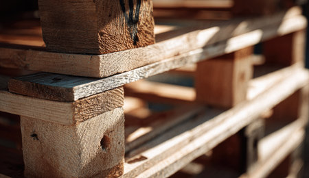 Wooden pallets in warehouse. Industrial background. Selective focus.の素材