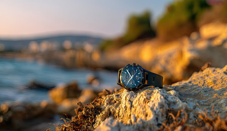 Wristwatch on the rocks near the sea. Selective focus.の素材