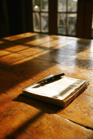 Notebook and pen on a wooden table with sunlight from window.の素材
