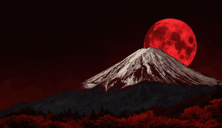 3D illustration of Mt. Fuji and red full moon at nightの素材