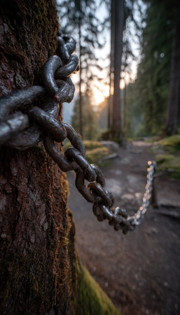 Close up of chain on a tree in the forest at sunset.の素材