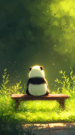 Panda sitting on a bench in the park. Vector illustration.の素材