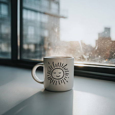 Coffee cup on the windowsill with city view in the backgroundの素材