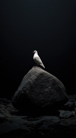 White seagull sitting on a rock in a dark atmosphere.の素材