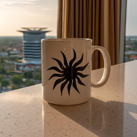 Coffee cup on the table with city view in the backgroundの素材