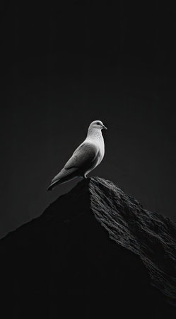 Pigeon sitting on a rock in black and white image.の素材