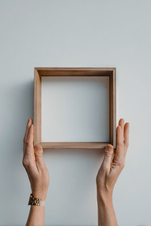 Hands holding a wooden frame on a white background, top viewの素材