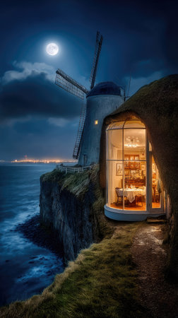 Dramatic night view of a windmill on the coast of Dingle Peninsula, Ireland.の素材