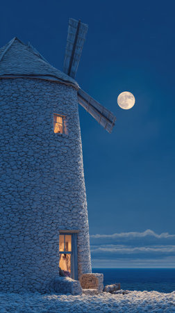 Windmill on the coast at night with full moon in the skyの素材