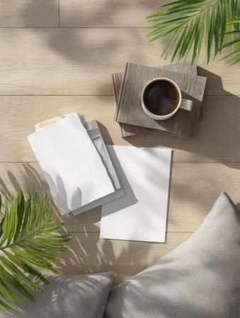 Flat lay composition with coffee cup, blank paper and envelope on wooden tableの素材