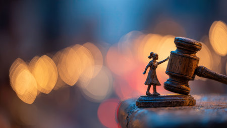 Gavel and little girl on the background of the city at nightの素材