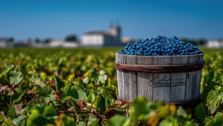 Harvesting of blueberries in a vineyard in France.の素材