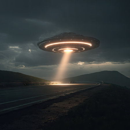 Futuristic UFO flying over the road. 3D Renderingの素材