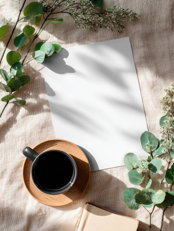 Cup of coffee, book and eucalyptus branches on beige blanket. Flat lay, top viewの素材