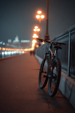 Bicycle on the embankment at night, Budapest, Hungaryの素材