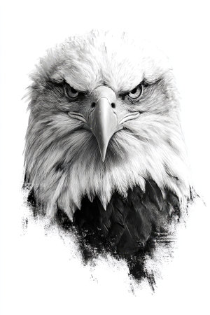 Bald Eagle head on grunge background. Black and white illustrationの素材
