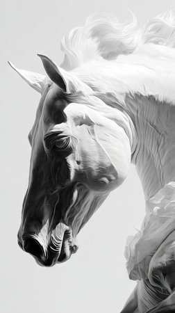 Head of a white horse on a white background. Monochromeの素材