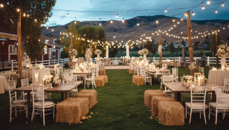Wedding arch with chairs and tables in the evening. Wedding ceremonyの素材
