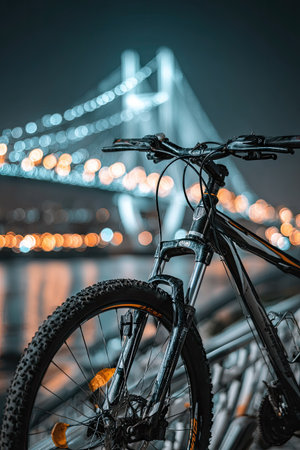 Bicycle at night with Bosphorus Bridge in Istanbul, Turkeyの素材