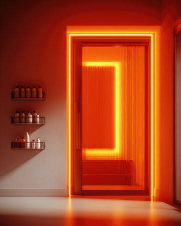 Orange door with perfume bottles in a room with a red wall, 3d renderingの素材