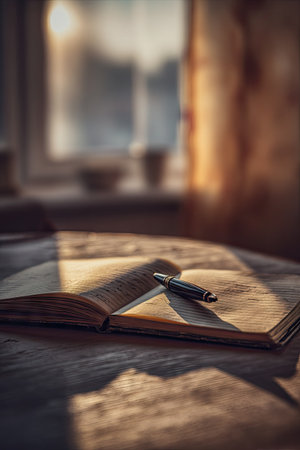 Open book with fountain pen on wooden table in the sunlight. Selective focus.の素材