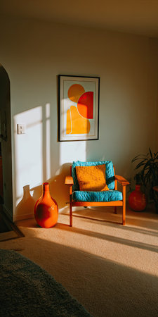 Cozy living room with blue armchair and orange vase.の素材