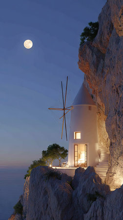 White windmill on the cliff at night, Kythira, Greeceの素材