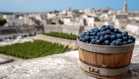 Blueberries in a wooden bucket on the background of the city of Romeの素材
