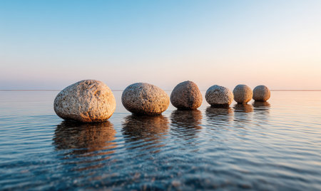 Row of stones in the water at sunset, Baltic Sea, Polandの素材
