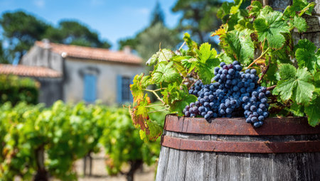 Ripe grapes on a wooden barrel in a vineyard, Tuscany, Italyの素材