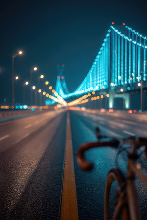 Bicycle on the bridge at night in Hong Kong, China.の素材