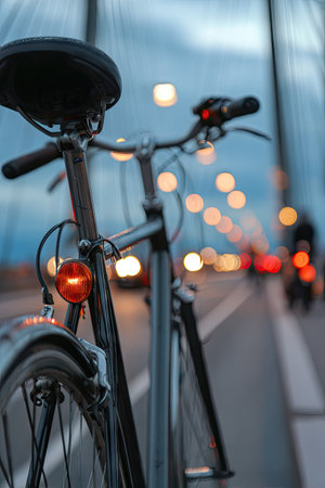 Bicycle on the bridge in the evening. Blurred background.の素材