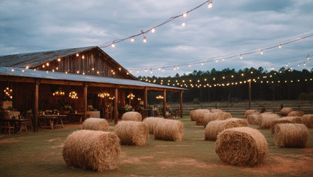 Bales of hay in the barn with Christmas lights in the backgroundの素材