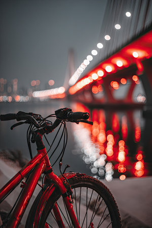 Bicycle on the embankment of the river at night.の素材