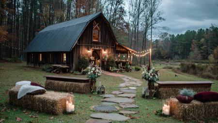 Wedding ceremony in the forest. Wooden house in the woods.の素材