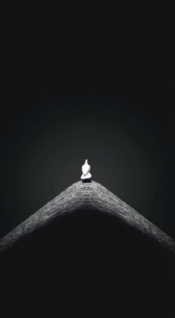 Lonely man sitting on the top of a mountain in black and whiteの素材