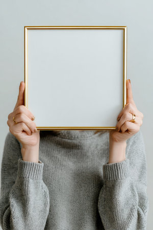 Woman holding a picture frame in front of her face on gray backgroundの素材