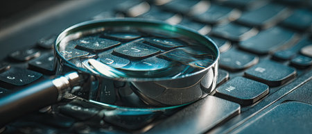 Magnifying glass on a laptop keyboard. Close-up. Selective focusの素材