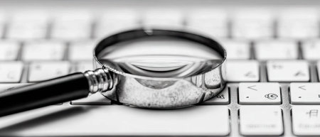 Magnifying glass on the keyboard of a laptop close-up.の素材