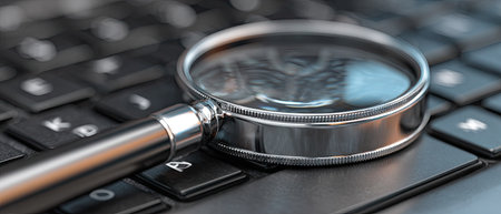 Magnifying glass on laptop keyboard. Closeup. 3D illustration.の素材