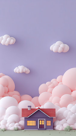 3D render of a house surrounded by pink clouds. Minimal style.の素材