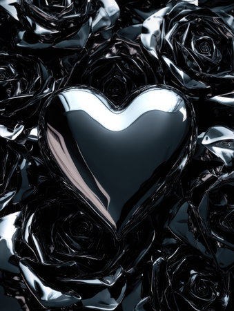 Heart shaped black and white metallic background. 3d render illustration.の素材