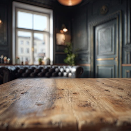 Empty wooden table and blurred background of bar or pub interior. For product displayの素材