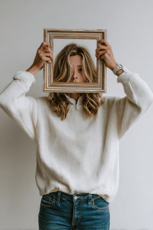 woman in white sweater holding wooden picture frame and looking at camera isolated on greyの素材
